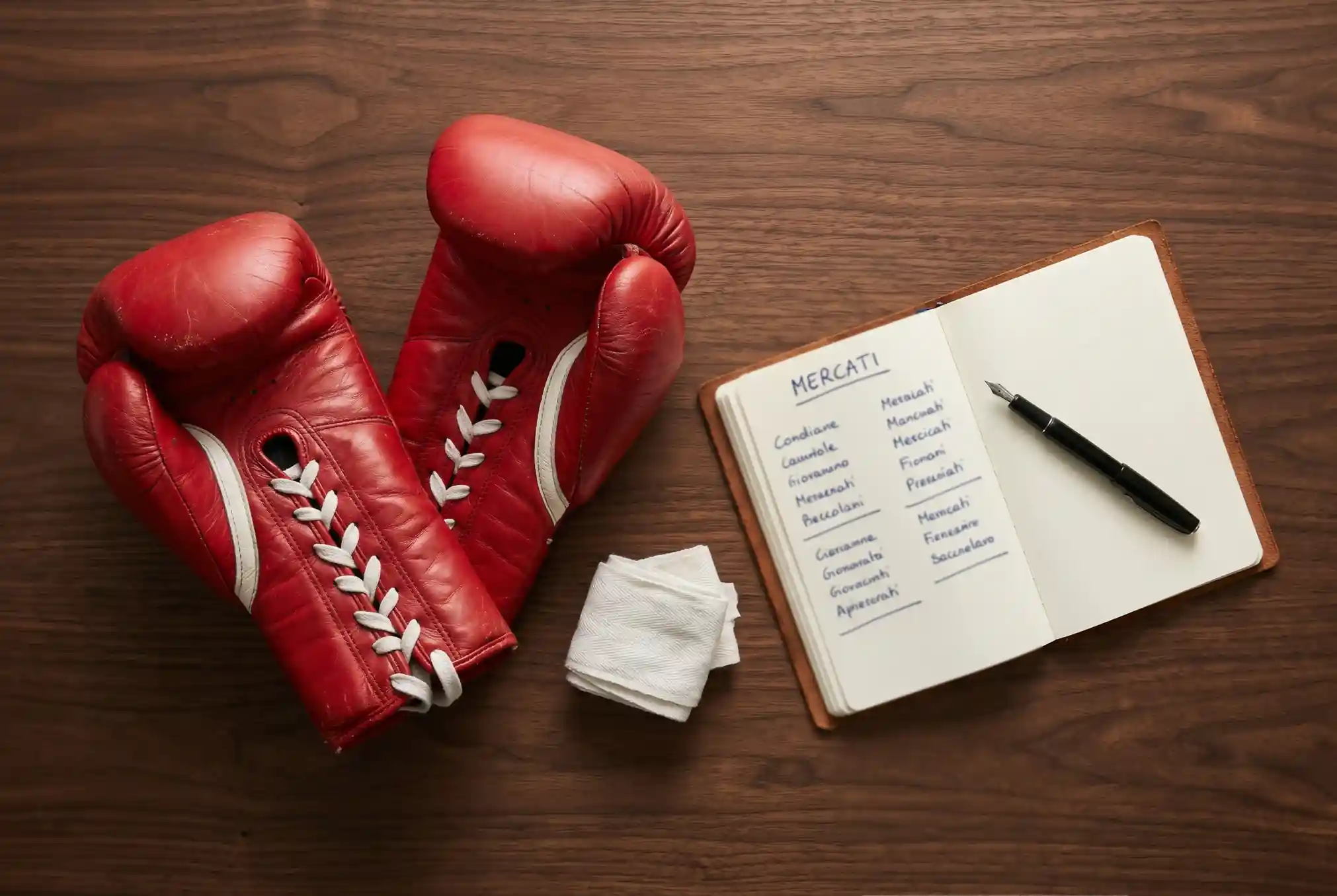 Guantoni da boxe rossi accanto a un quaderno aperto con appunti tecnici manoscritti su un tavolo di legno